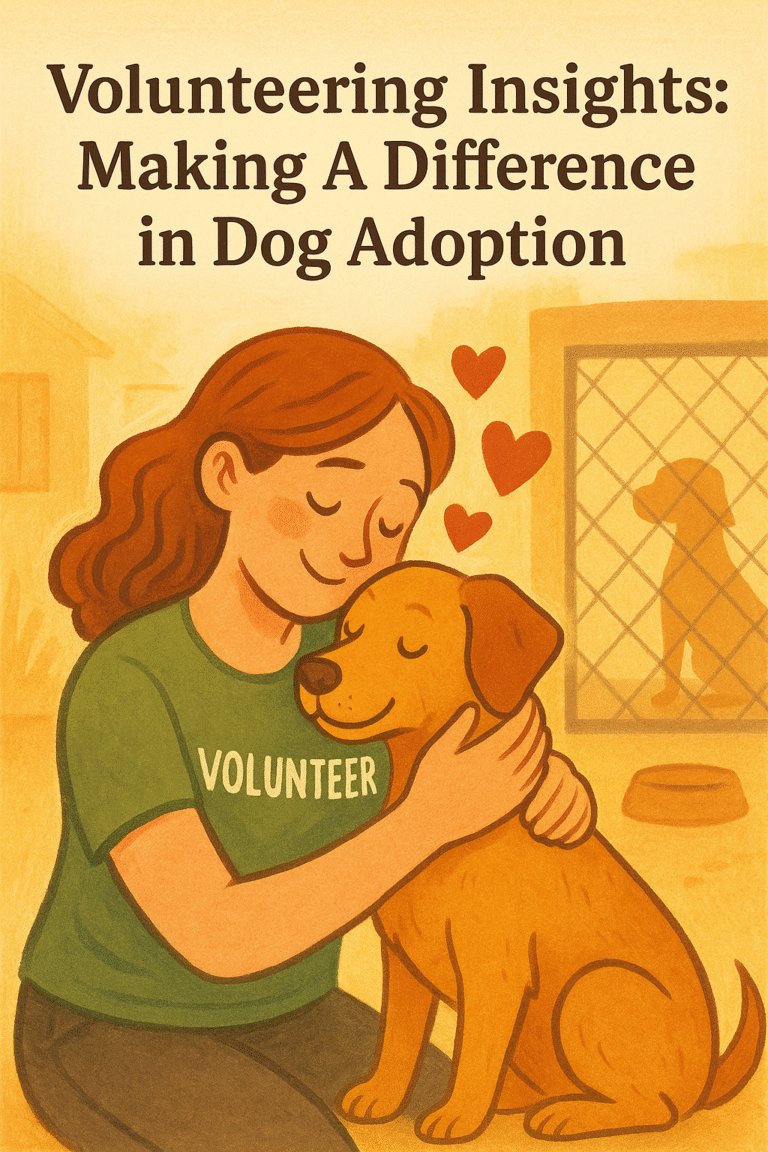 A volunteer wearing a green “VOLUNTEER” t-shirt gently hugging a happy golden-brown dog inside a warm-toned animal shelter, with kennel fencing and another dog silhouette in the background.