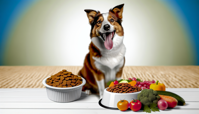 alt_text: Happy dog next to grain-free food, surrounded by fresh ingredients, showcasing health benefits.