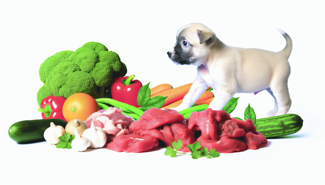 alt_text: A lively puppy beside fresh raw ingredients, promoting a healthy raw food diet for puppies.