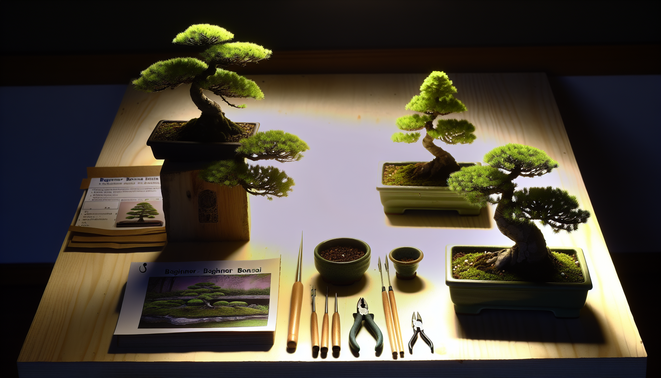alt_text: A serene display of beginner bonsai trees in soft light, with tools and care cards nearby.