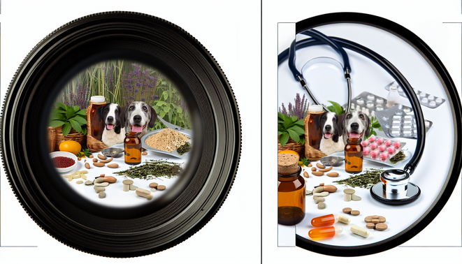alt_text: A cover image contrasting home remedies and dog medicine, featuring natural ingredients and vet tools.