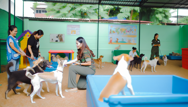 **alt_text:** A warm shelter scene with adopters, playful dogs, and a worker sharing questions about adoption.