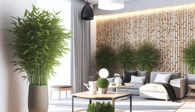 alt_text: A stylish living room adorned with indoor bamboo plants, exuding serenity and modern decor.