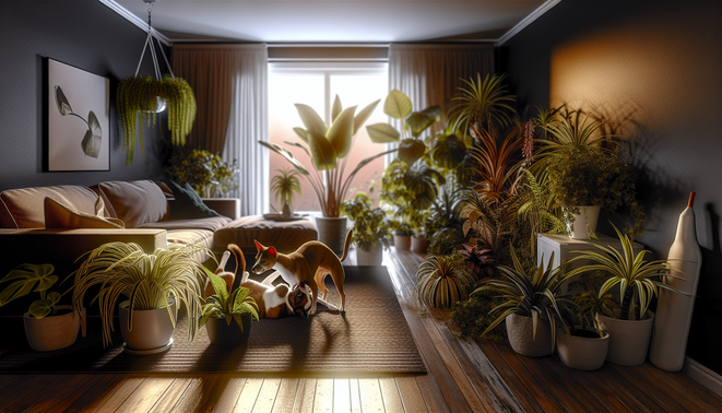 alt_text: Cozy living room with pet-safe plants, a dog and cat playfully interacting, bathed in natural light.