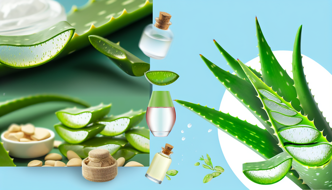 alt_text: Fresh aloe vera plant with gel, natural elements, and soothing tones for a skincare guide cover.