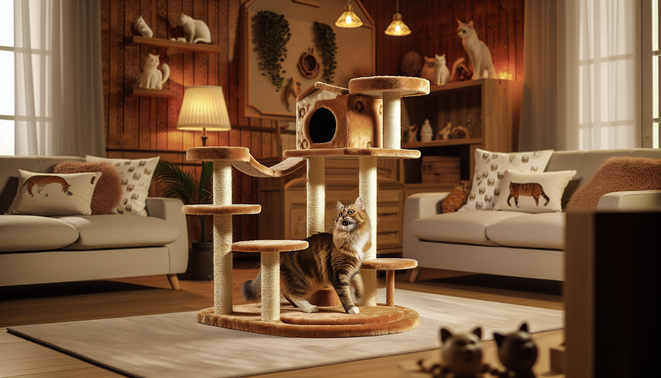 alt_text: Cozy living room with a stylish cat tower, happy cat, and inviting decor for cat lovers.