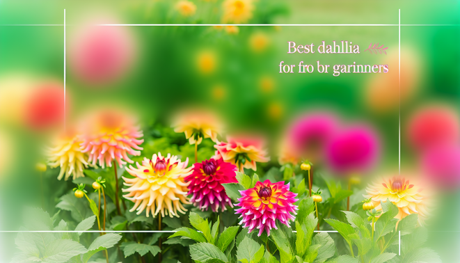 alt_text: A vibrant garden of colorful dahlias with a soft-focus background, framed elegantly for a blog.
