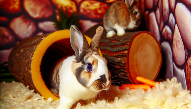 alt_text: Cozy indoor rabbit habitat with playful bunnies, soft bedding, tunnels, and natural elements.
