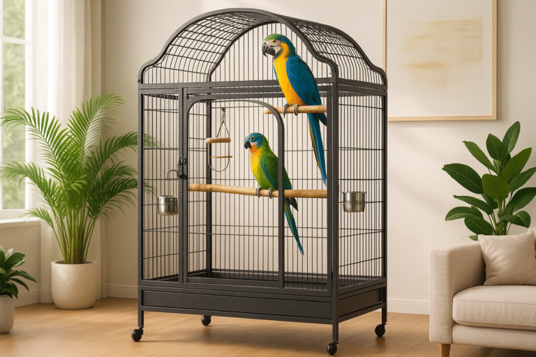 high-quality cage with vibrant parrots against a bright, inviting background