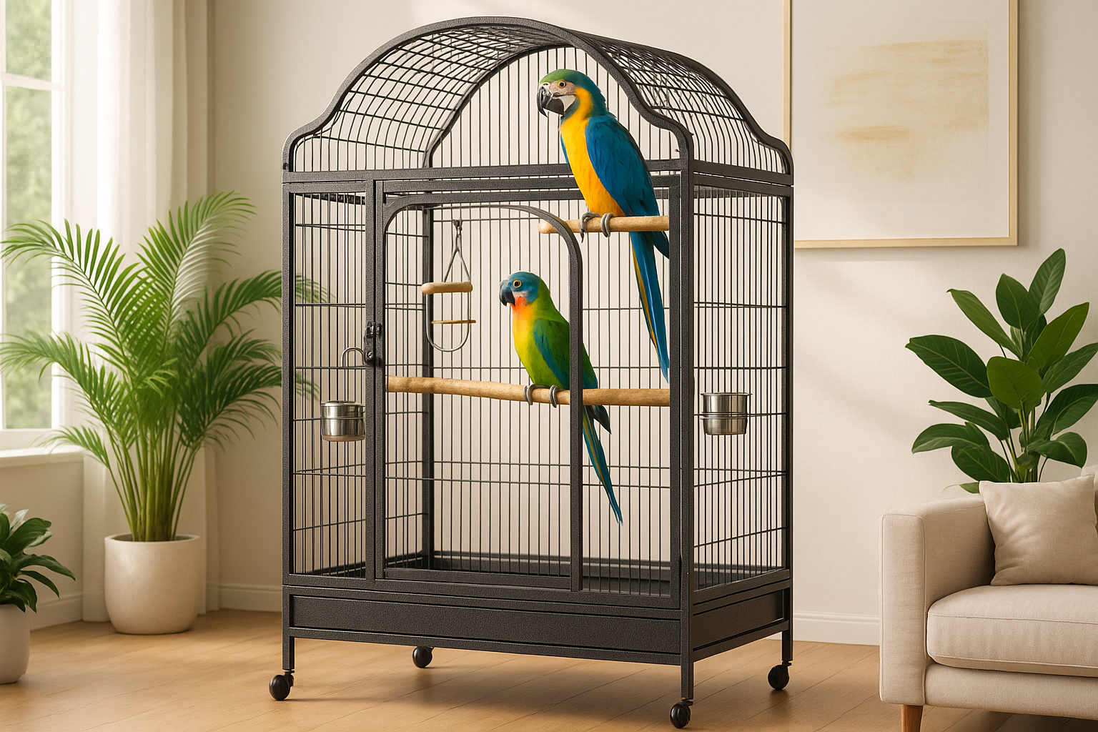 high-quality cage with vibrant parrots against a bright, inviting background