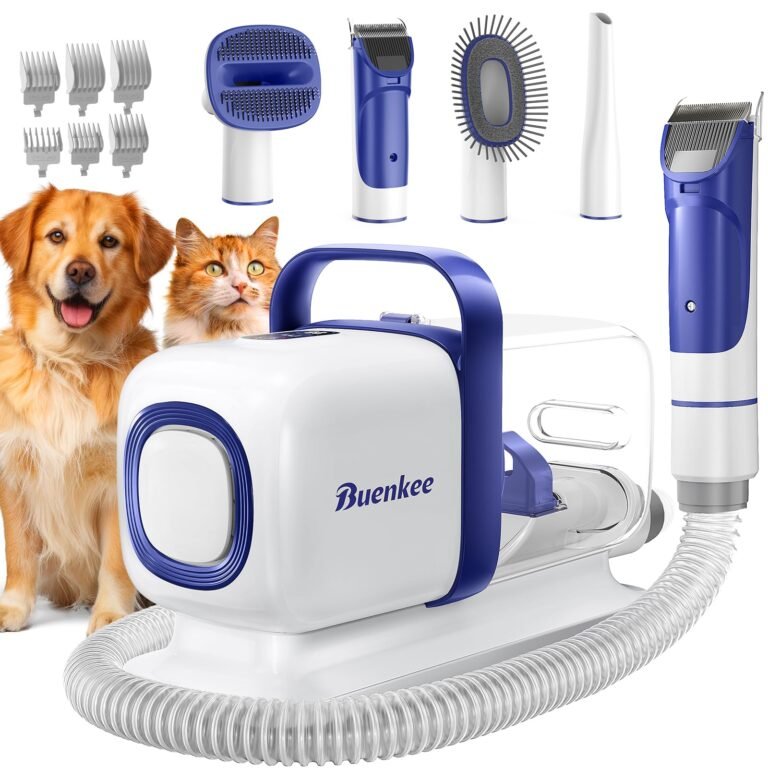 Buenkee white-and-blue pet grooming vacuum with hose and six interchangeable grooming attachments, shown alongside a golden retriever and an orange tabby cat.