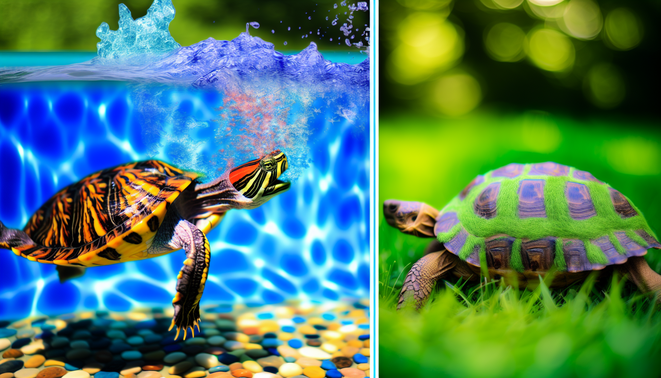alt_text: A vibrant split scene showing a playful turtle swimming in water and a calm tortoise basking in grass.