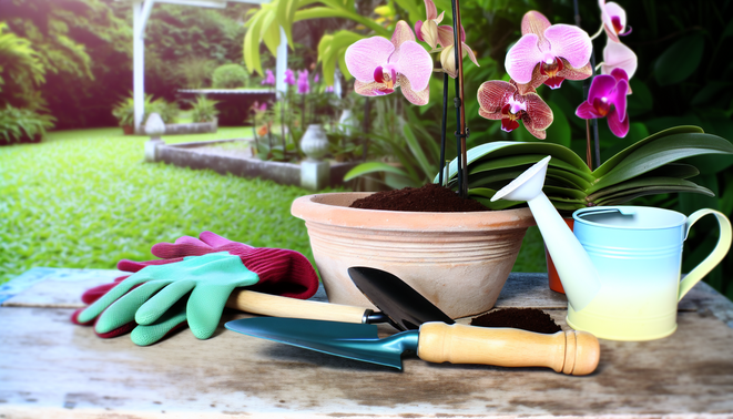 alt_text: A vibrant blog cover featuring blooming orchids, potting mix, tools, and a serene garden backdrop.