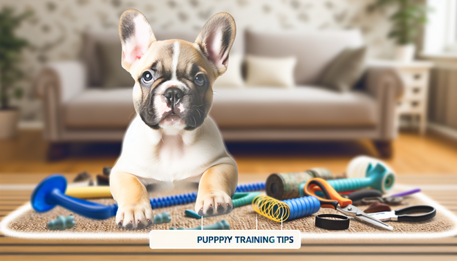 alt_text: Adorable French Bulldog puppy with training tools in a warm home, titled "French Bulldog Puppy Training Tips."