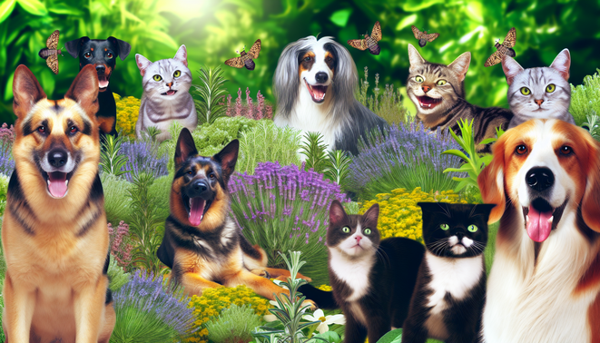 alt_text: Happy pets relax in a lush garden of natural flea-repellent plants, radiating health and wellness.