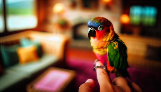 alt_text: A colorful parrot on a finger in a cozy room, emphasizing fun communication and training tips.