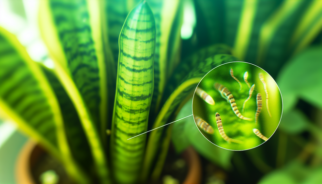 alt_text: A vibrant snake plant with pests illustrated around it, featuring the title "Common Pests on Snake Plants."