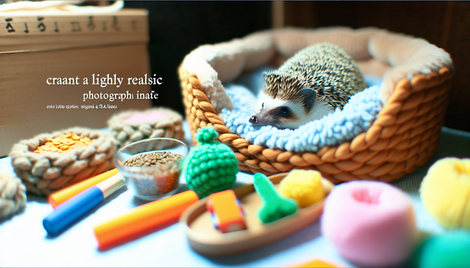 alt_text: Cozy hedgehog habitat with bedding, food, toys, and an active hedgehog, warmly inviting atmosphere.