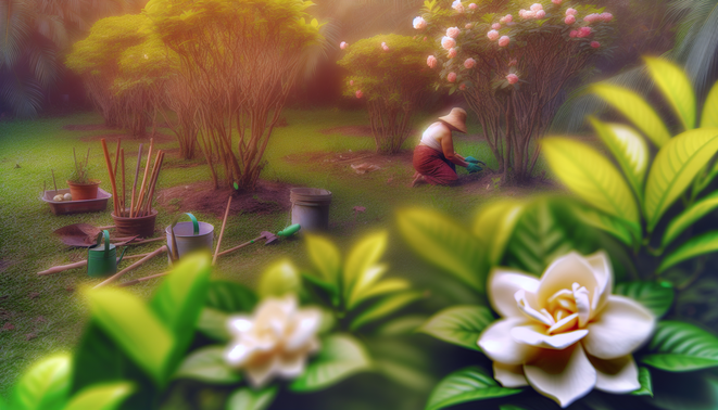 alt_text: A serene garden scene with blooming gardenias, tools, and a gardener nurturing plants in soft light.