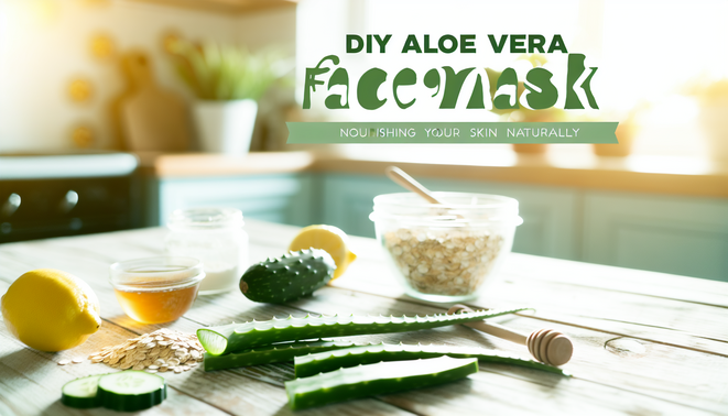 alt_text: Bright kitchen with aloe vera, natural ingredients, and blog title for DIY face mask recipes.