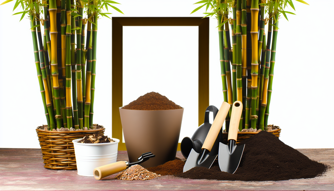 alt_text: A vibrant display of healthy bamboo plants, soil mix components, and gardening tools in a natural setting.