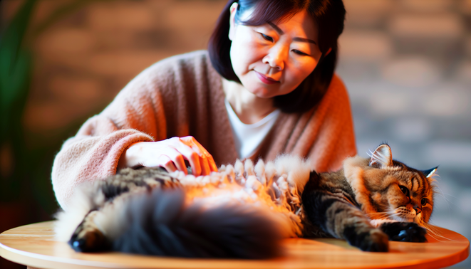alt_text: A warm, cozy setting showing a person petting a relaxed cat, highlighting body language cues.
