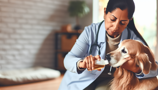 alt_text: A caring vet administers liquid medicine to a calm dog at home, highlighting their loving bond.