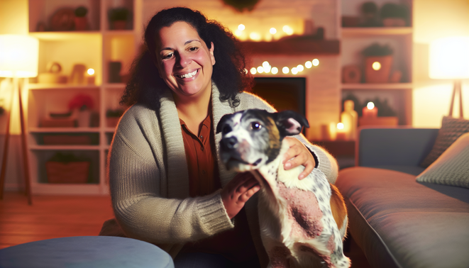 alt_text: A warm image of a caring person and a unique dog in a cozy living room, promoting special needs adoption.