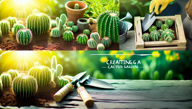 alt_text: A vibrant cactus garden with tools and a cozy setup, showcasing blog title 'Creating a Cactus Garden'.