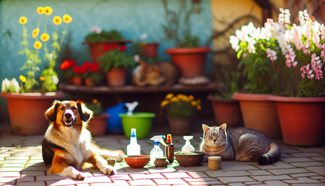 alt_text: A happy dog and cat relax in a sunny yard, surrounded by flowers and natural flea treatments.