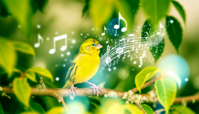 alt_text: A vibrant canary on a branch, surrounded by greenery, with musical notes and "Canary Song Training Tips" title.