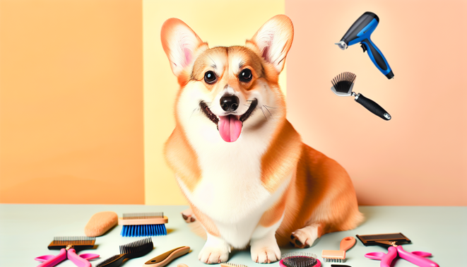 alt_text: A cheerful, groomed corgi surrounded by grooming tools against a pastel background, conveying warmth.