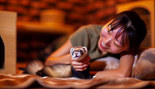 alt_text: Playful ferret in a cozy home, showcasing training techniques with engaging human interaction.