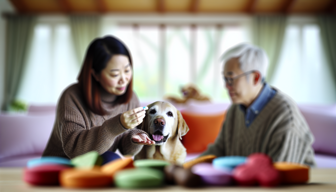 alt_text: A caring owner gives a pill to a friendly dog beside colorful treats in a cozy setting.