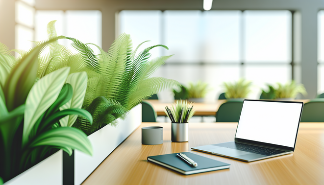 alt_text: A modern office desk with air-purifying plants, a laptop, and a notebook, promoting freshness.