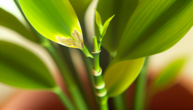 alt_text: Close-up of a struggling bamboo plant with yellowing leaves, featuring rejuvenation elements.
