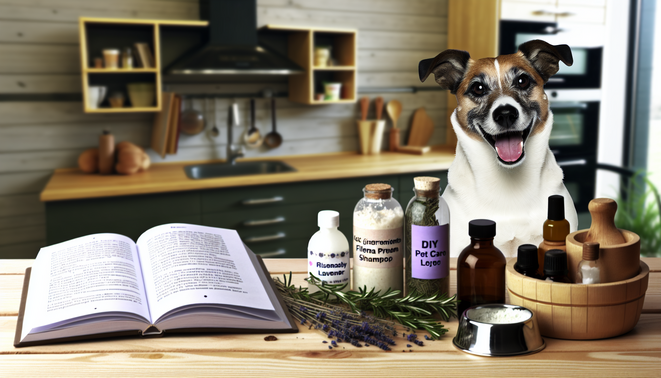 alt_text: Cozy kitchen with a happy dog, DIY flea shampoo, natural ingredients, and pet care items.