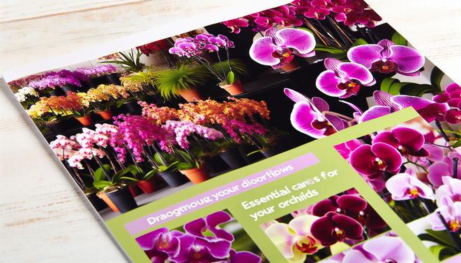 alt_text: A vibrant collection of orchids in bloom, featuring colorful species and a welcoming care tips title.