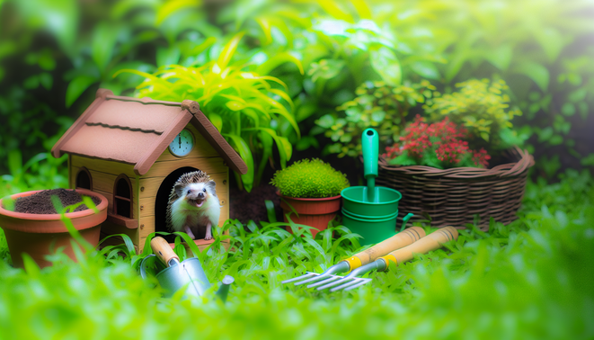 alt_text: Cozy hedgehog house in a lush garden, featuring plants, tools, and a cheerful hedgehog.