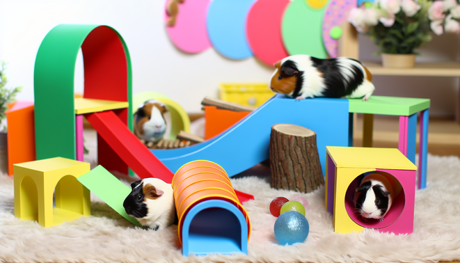**alt_text:** Vibrant DIY guinea pig obstacle course with playful pigs, colorful ramps, and cheerful decor.