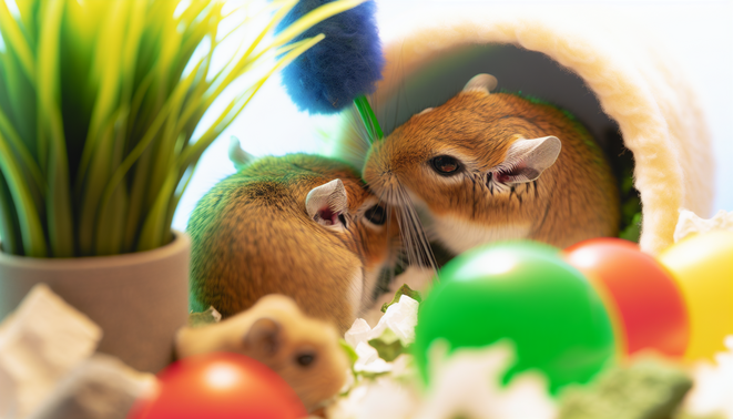 alt_text: Two playful gerbils engage in a cozy habitat, surrounded by toys and greenery for bonding fun.
