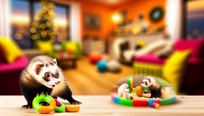 alt_text: A playful ferret with toys in a cozy home, showcasing pet socialization tips in a vibrant setting.