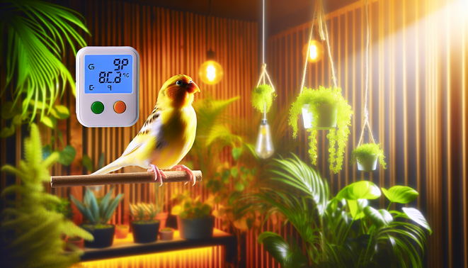 alt_text: A cozy indoor scene with warm lighting, a canary, plants, and temperature devices, titled "Canary Lighting and Temperature."