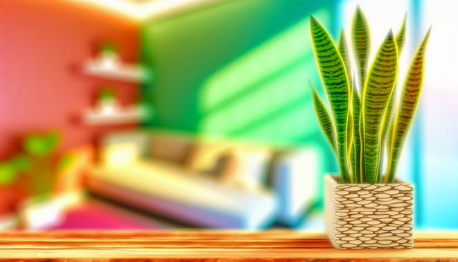 alt_text: A healthy snake plant on a wooden shelf in a bright room, promoting air quality and freshness.