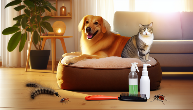 alt_text: A cozy home scene with a happy dog and cat on a pet bed, surrounded by flea control hints.