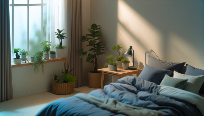 alt_text: A cozy bedroom with air-purifying plants, soft light, and calming decor, inviting tranquility.