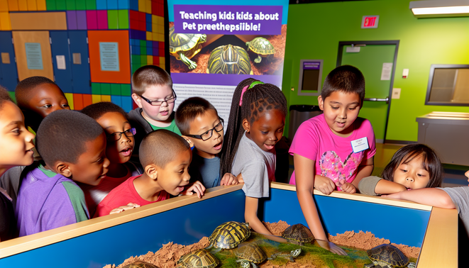 alt_text: Kids learn about pet turtles in a vibrant classroom, engaging with a turtle habitat and each other.
