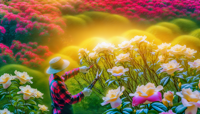 alt_text: Blog cover featuring vibrant gardenias, pruning shears, and a gardener in sunlight. Elegant title.