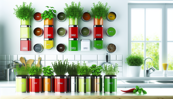 alt_text: A stylish kitchen herb wall with colorful magnetic spice tins and fresh herbs in a bright setting.