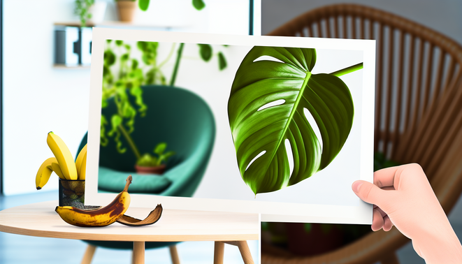 alt_text: A vibrant monstera leaf with a banana peel in a stylish plant care setting, inviting curiosity.
